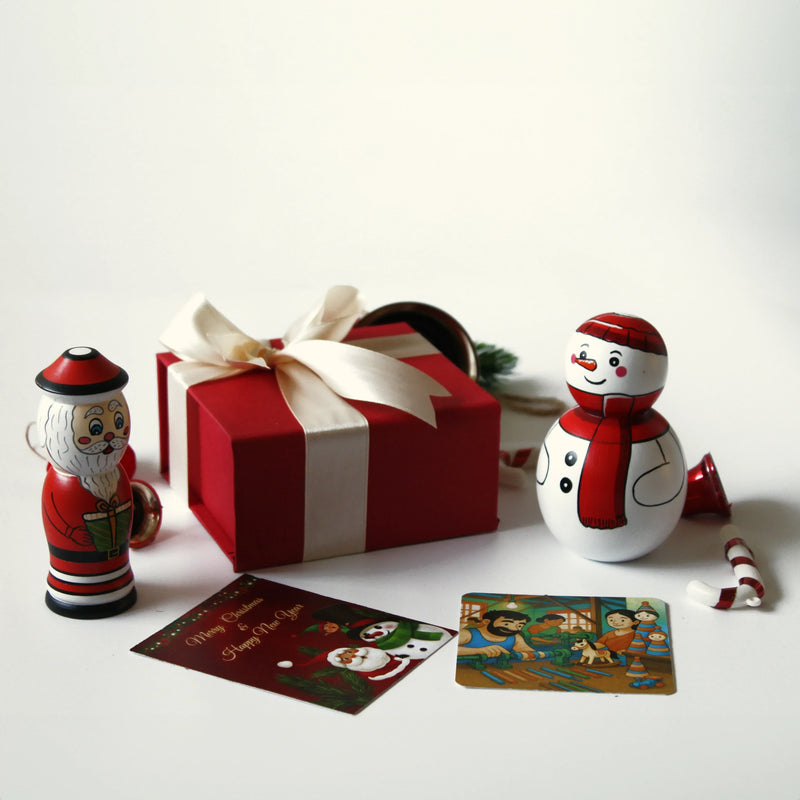 Handcrafted Channapatna Santa and Snowman decorative gift set for festive occasions